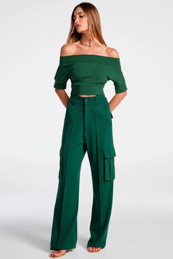 Imagem de Calça Pantalona de Malha Com Bolso e Friso Verde Zen