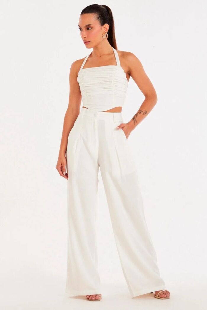 Imagem de Calça Pantalona Alfaiataria Com Pregas e Botão Forrado Off White Zen