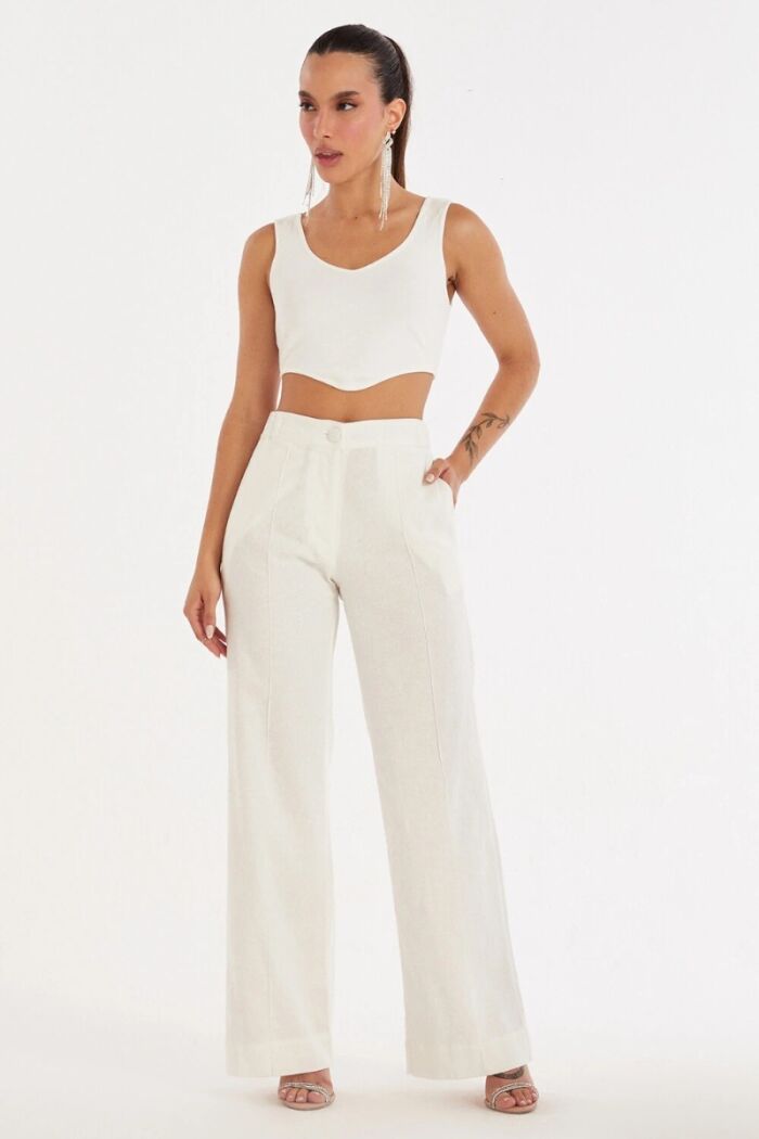 Imagem de Calça Reta de Linho Com Vinco Off White Zen