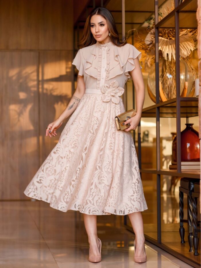 Imagem de Vestido renda e Chiffon Com Cinto Flor Luzia Fazzolli