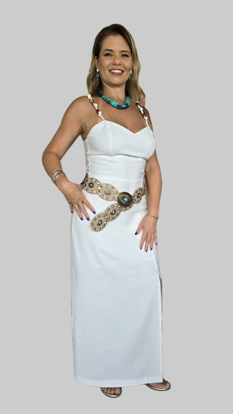 Imagem do produto Cinto Boho de Couro Bege com Pedraria – Estilo Boêmio, Artesanal e Durável para Looks Únicos