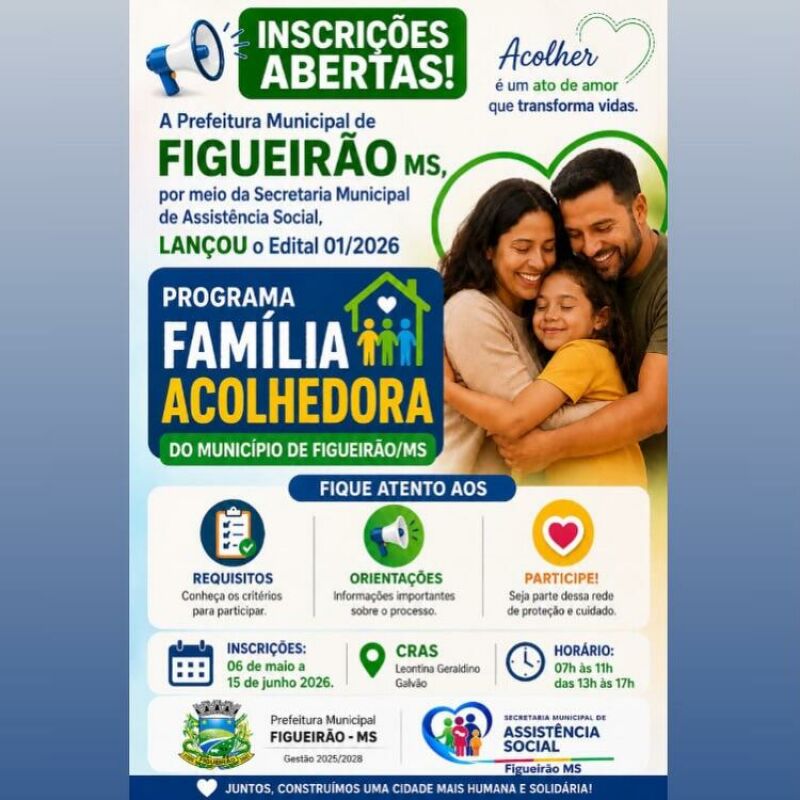 Ilustração da notícia Prefeitura de Figueirão abre inscrições para Programa Família Acolhedora com auxílio financeiro a participantes