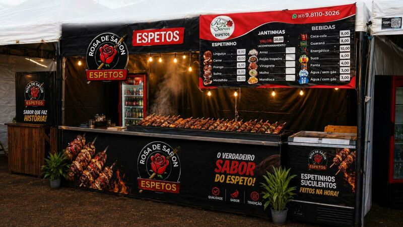 Ilustração da notícia Rosa de Saron Espetos confirma presença na Expo Rica 2026 com estande e cardápio completo e carne de qualidade