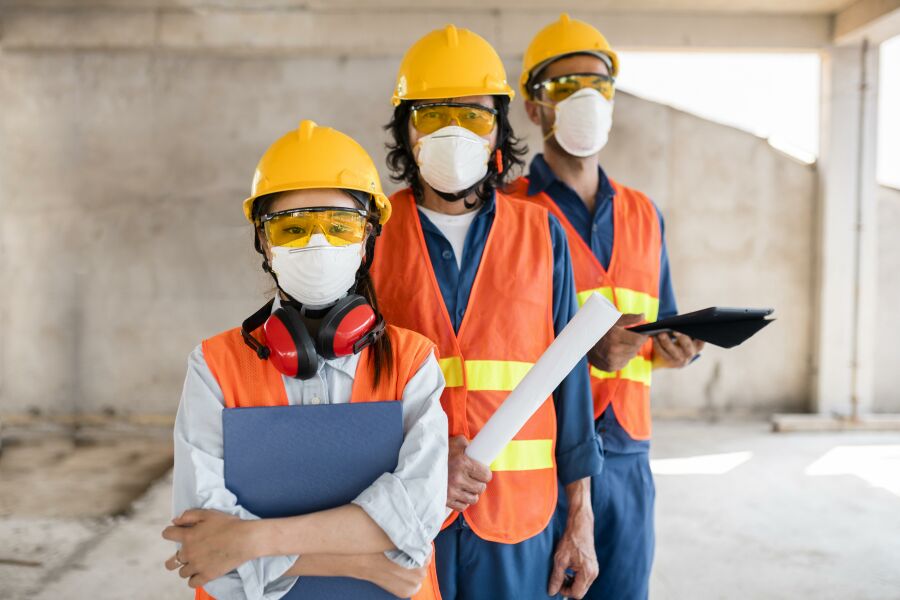 Imagem colleagues-with-safety-equipment-working-with-blueprints