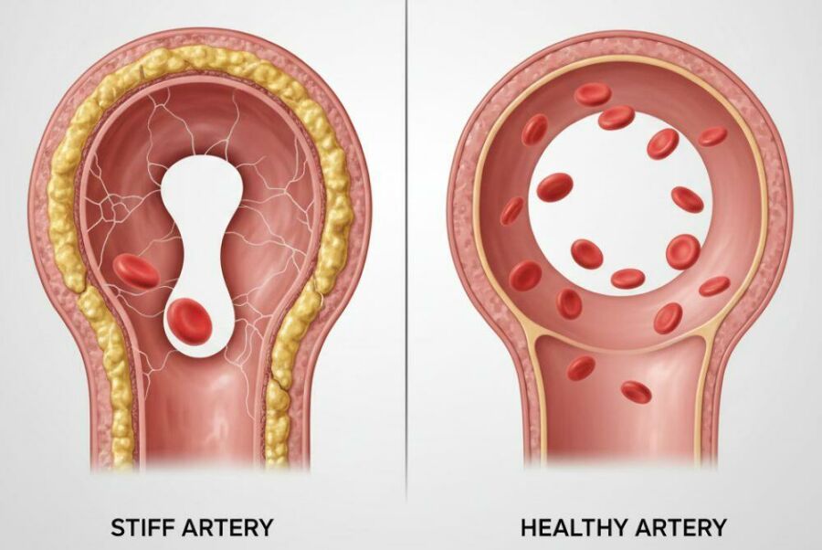 Image: In blood vessels, AGEs increase arterial stiffness, favoring hypertension, atherosclerosis, stroke, and heart failure.
