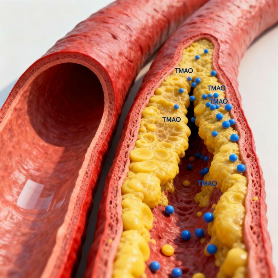 Image: High TMAO levels promote inflammation, cholesterol buildup, and the formation of atherosclerotic plaques.