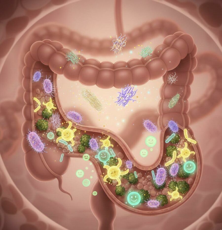 Image: When fiber reaches the intestine, it feeds the microbiota and initiates a chain of metabolic benefits.