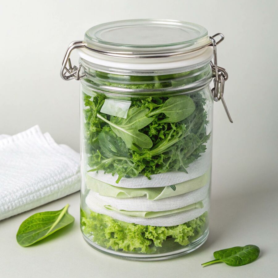 Imagem Guarde-folhas-verdes-em-um-pote-com-papel-toalha-seco-para-absorver-umidade-e-manter-a-crocância