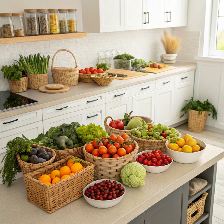 Imagem Uma-cozinha-organizada-com-frutas-e-vegetais-frescos