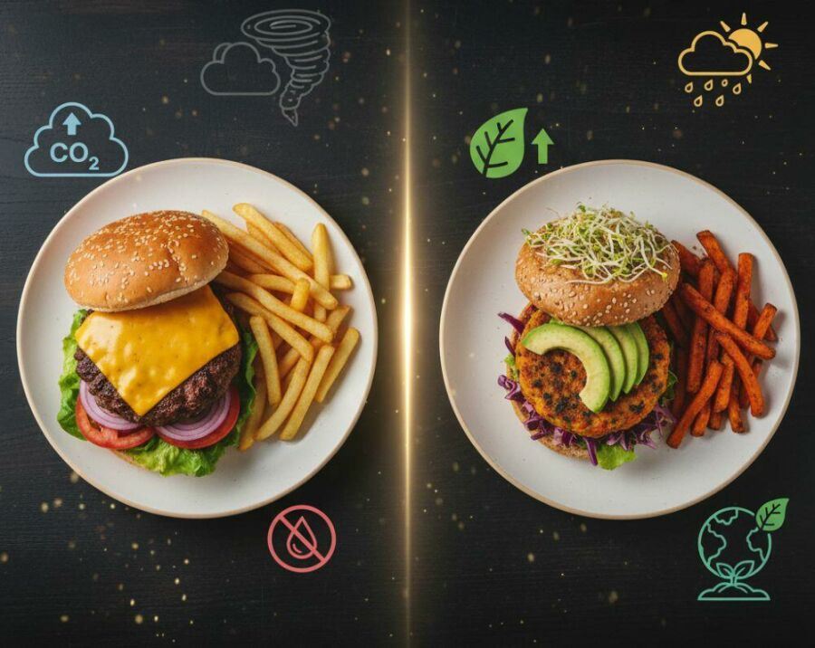 Image Compared to beef, the veggie burger shows a significant environmental difference.