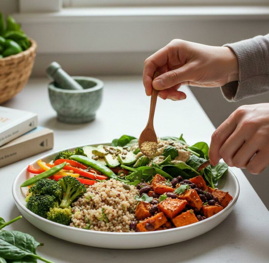 Image: Prioritize whole-vegetables, gradually increase fiber, include turmeric and broccoli, and ensure zinc intake through diet.