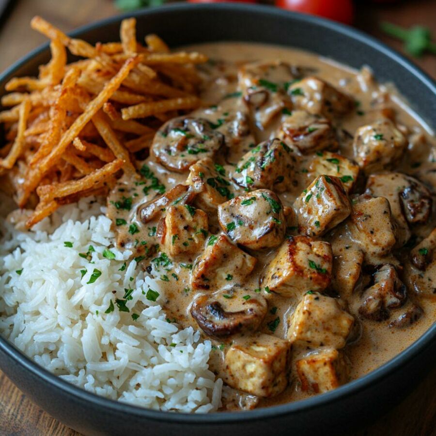 Imagem Estrogonofe-vegano-cremoso-servido-com-arroz-soltinho-e-batata-palha-crocante-do-jeitinho-que-a-gente-ama