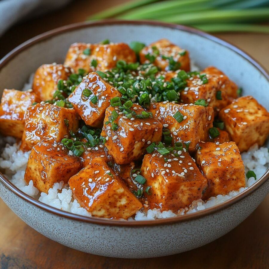 Imagem Cubos-de-tofu-assado-cobertos-por-um-molho-agridoce-cremoso-à-base-de-tahine