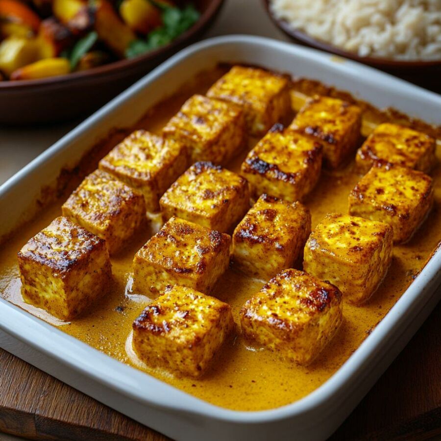 Imagem Tofu-dourado-no-forno-envolto-em-um-creme-aromático-de-curry-e-mostarda-simples-vibrante-e-cheio-de-sabor