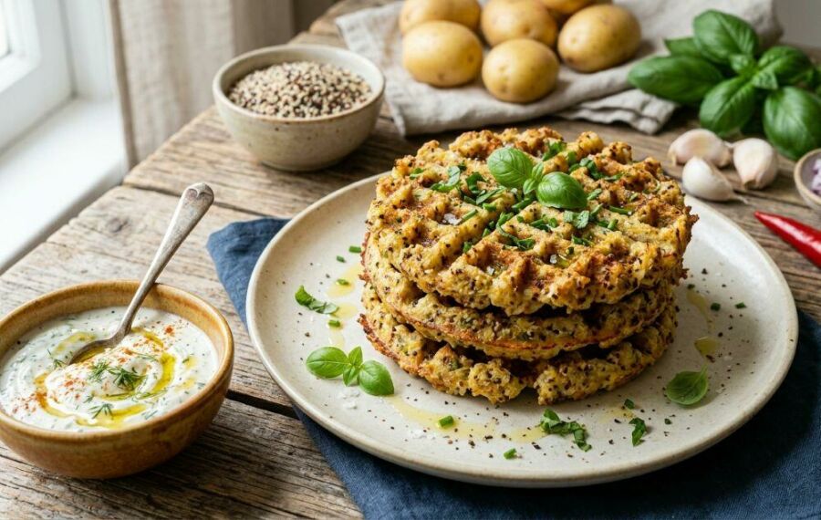 This image is a savory potato waffle with quinoa – it's the kind of practical recipe that surprises you.