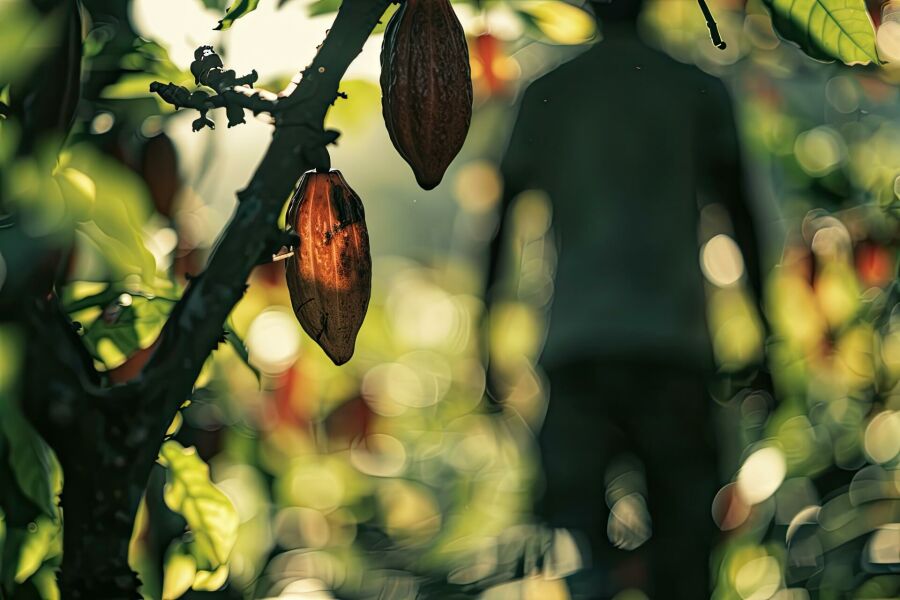 Imagem fruto-de-cacau-fresco-em-sua-arvore-e-silhueta-de-um-homem-anonimo-fora-de-foco