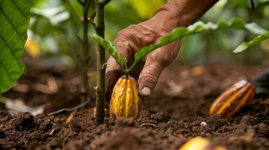 Imagem uma-mao-cavar-no-solo-plantar-uma-arvore-de-cacau-em-apoio-a-agricultura-sustentavel