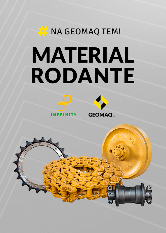 Banner #NaGeomaqTem com peças de material rodante Inffinity e Geomaq (corrente de esteira, roda motriz, roda guia e rolete).