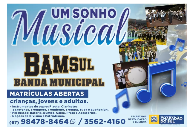 Imagem de compartilhamento para o artigo Chapadão do Sul abre matrículas para Banda Municipal; saiba como participar da MS Todo dia