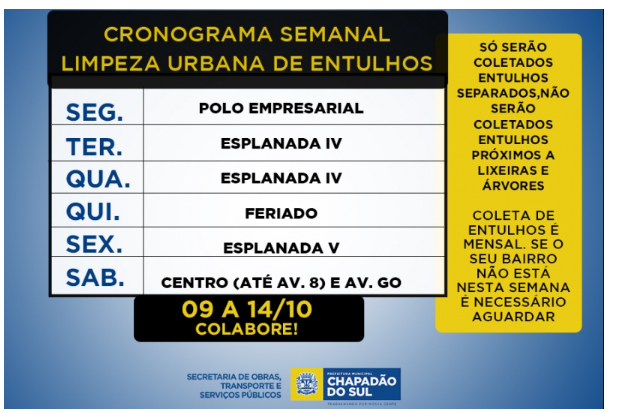 Imagem de compartilhamento para o artigo Veja o Cronograma de Limpeza Urbana semanal de Chapadão do Sul e faça descarte de entulhos da MS Todo dia