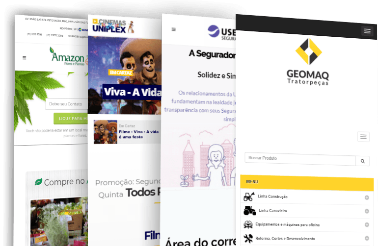 Four examples of clients from Eco Webdesign, Amazon Flores, Cine Uniplex, Usebens Seguros, Geomaq Tratorpeças