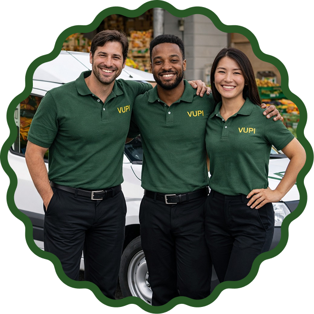 Funcionários em frente a uma mercearia estocada de produtos de hortifruti