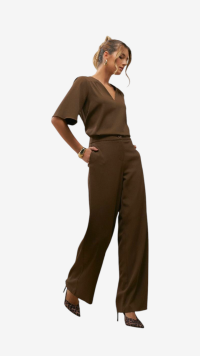 Imagem adicional 1 do item Conjunto Eloá: Calça Pantalona e Blusa com Pregas no Ombro - Marrom