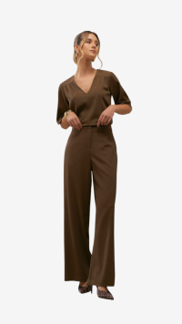 Imagem adicional 0 do item Conjunto Eloá: Calça Pantalona e Blusa com Pregas no Ombro - Marrom