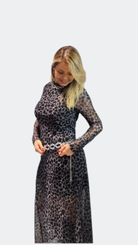 Imagem adicional 1 do item Vestido Longo de Manga Longa Onça Preto e Cinza - Elegância Versátil para o Dia e a Noite