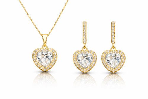 Imagem de Conjunto Coração Brinco e Colar Cravejado Dourado