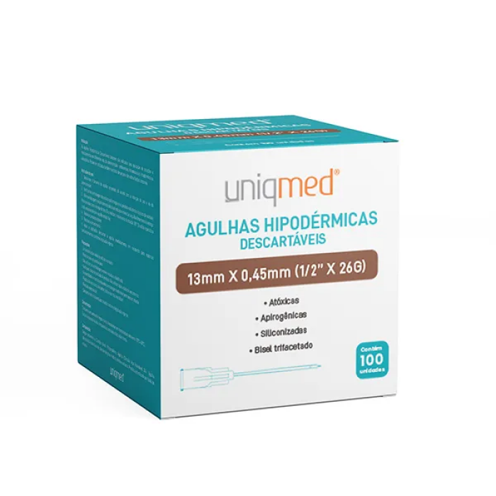 Imagem de Agulha Hipodérmica 13mm X 0,45mm 26G (1/2 Pol) Uniqmed - Caixa Com 100 Unidades