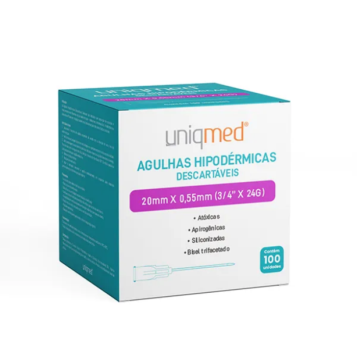 Imagem de Agulha Hipodérmica 20mm X 0,55mm 24G (3/4 Pol) Uniqmed - Caixa Com 100 Unidades