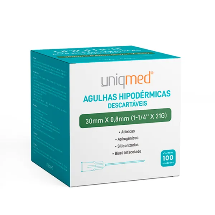 Imagem de Agulha Hipodérmica 30mm X 0,8mm 21G (1-1/4 Pol) Uniqmed - Caixa Com 100 Unidades