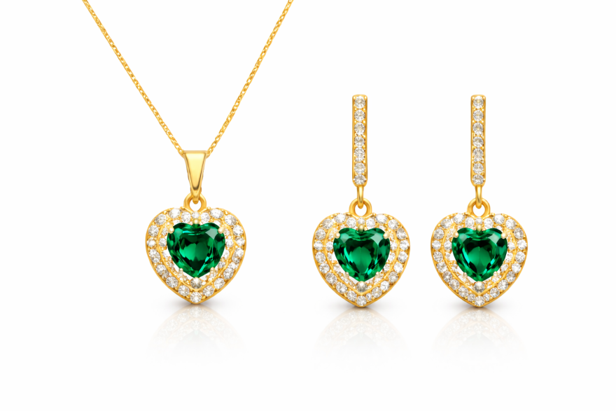 Imagem de Conjunto Coração Brinco e Colar Cravejado Verde