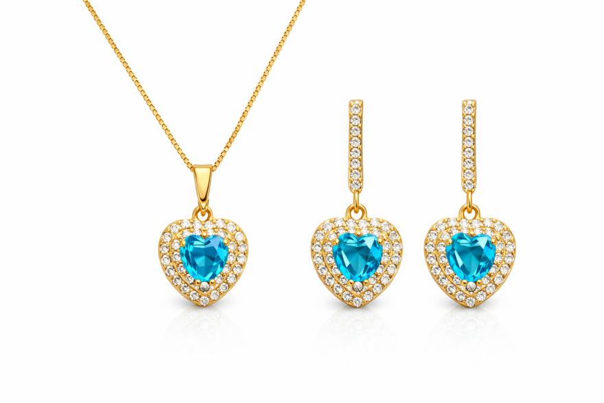 Imagem de Conjunto Coração Brinco e Colar Cravejado Azul