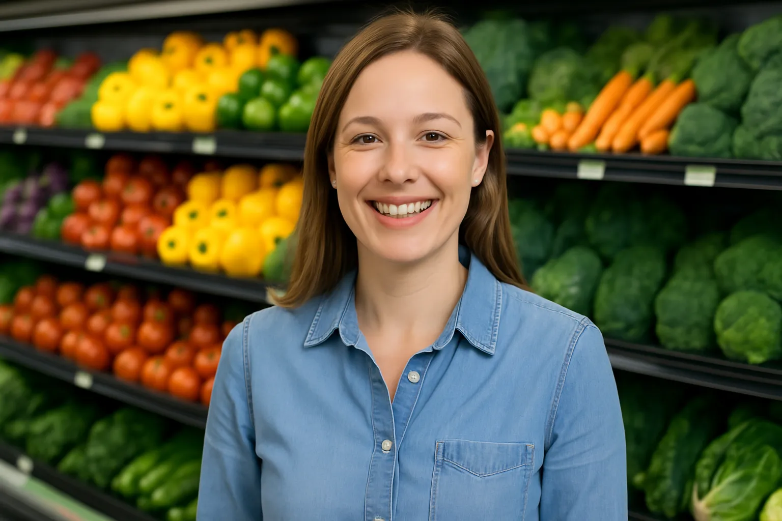 Mulher sorrindo em supermercado