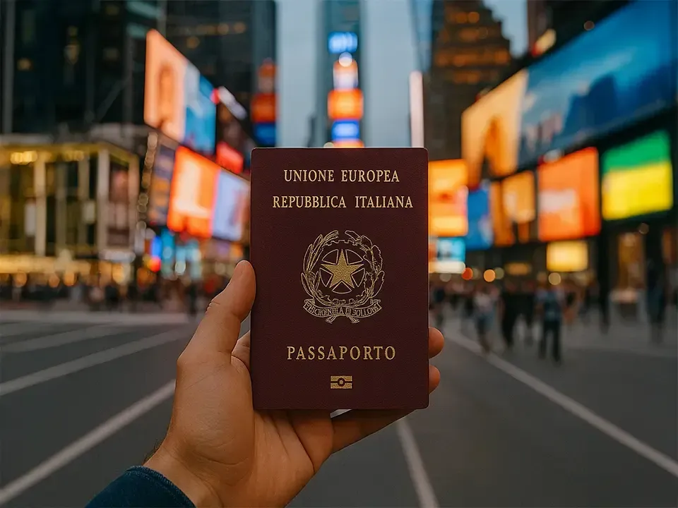 Imagem Foto de passaporte italiano com Times Square de fundo