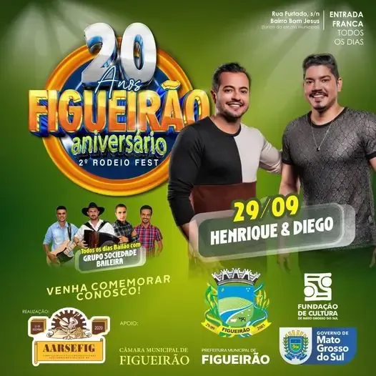 Imagem de compartilhamento para o artigo Vigésimo aniversário de Figueirão: Henrique e Diego agitam a festa nesta sexta-feira da MS Todo dia