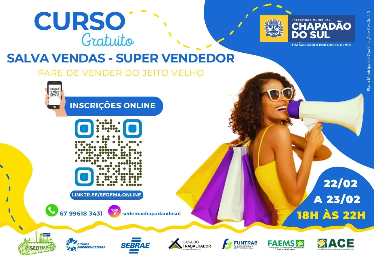 Imagem de compartilhamento para o artigo Chapadão do Sul abre inscrições para curso gratuito voltado a vendedores da MS Todo dia