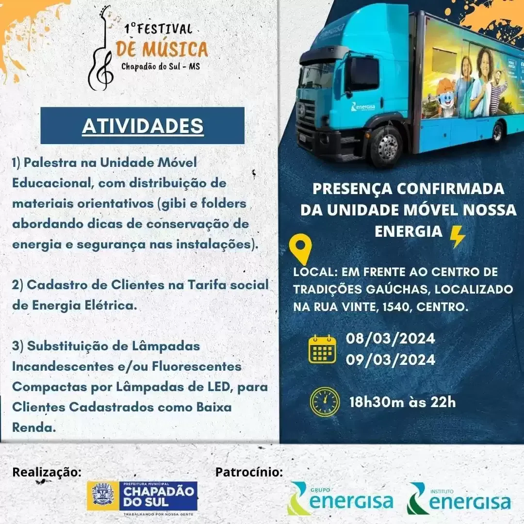 Imagem de compartilhamento para o artigo Caminhão da Energisa fará cadastro da Tarifa Social para famílias de baixa renda em Chapadão do Sul da MS Todo dia