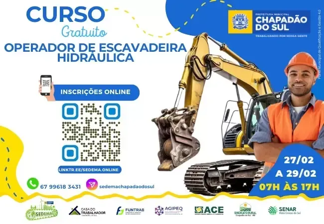 Imagem de compartilhamento para o artigo Disponível curso gratuito para Operador de Escavadeira Hidráulica em Chapadão do Sul da MS Todo dia
