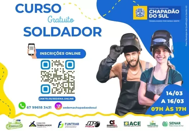 Imagem de compartilhamento para o artigo Inscrições abertas do curso para Formação de Soldadores em Chapadão do Sul da MS Todo dia