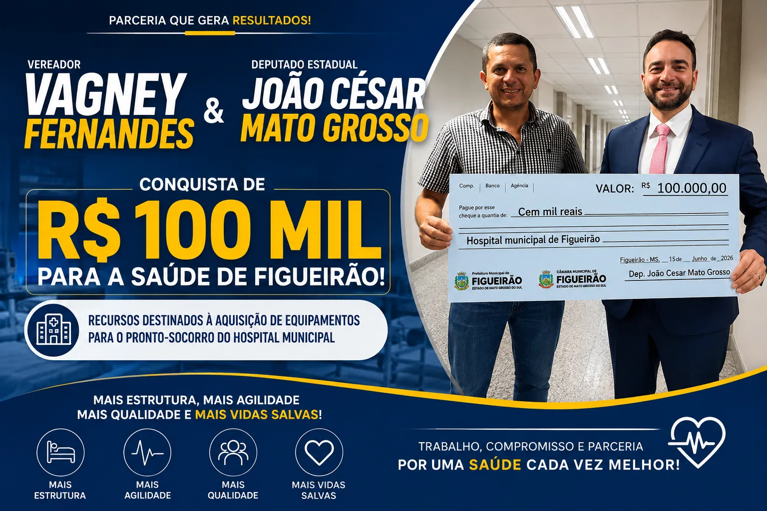 Imagem de compartilhamento para o artigo Vereador Vagney  e João César Mato Grosso unem forças e conquistam R$ 100 mil para equipar o pronto-socorro de Figueirão da MS Todo dia