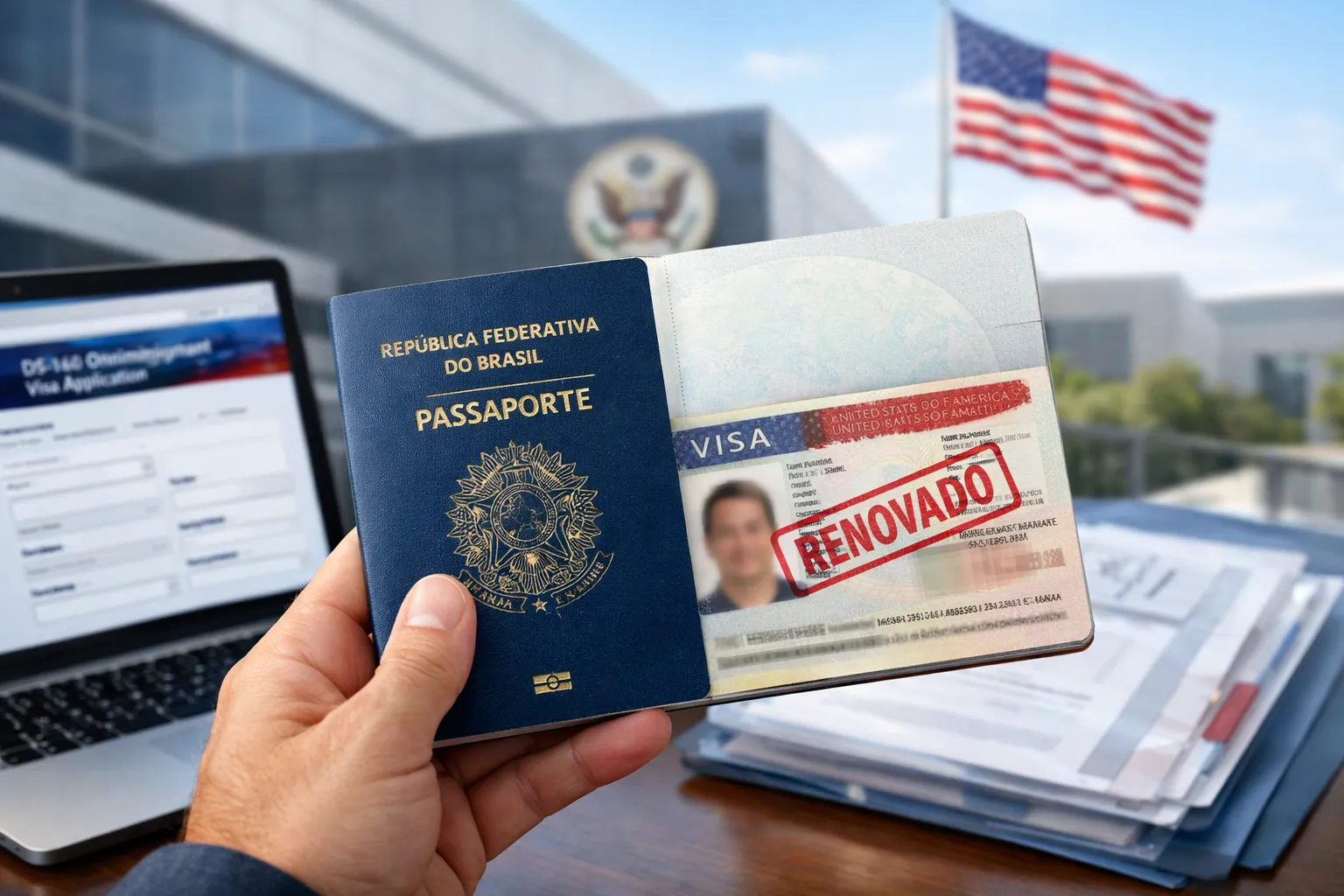 Imagem ilustrativa para o artigo Renovação de Visto Americano 2026: Passo a Passo atualizado, Taxas, DS-160, Prazos e Quem Pode Renovar Sem Entrevista