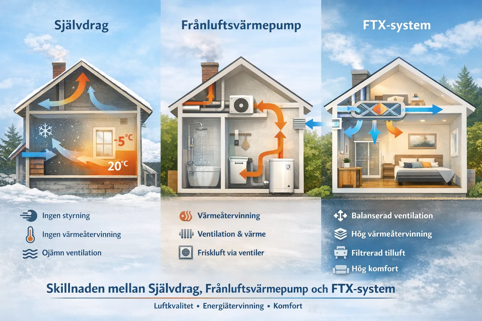Illustrativ bild för Pureflow artikelSkillnaden mellan FTX, frånluftsvärmepump och självdrag