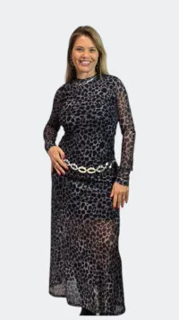 Imagem adicional 2 do item Vestido Longo de Manga Longa Onça Preto e Cinza - Elegância Versátil para o Dia e a Noite