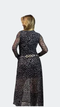 Imagem adicional 3 do item Vestido Longo de Manga Longa Onça Preto e Cinza - Elegância Versátil para o Dia e a Noite