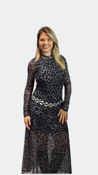 Imagem adicional 0 do item Vestido Longo de Manga Longa Onça Preto e Cinza - Elegância Versátil para o Dia e a Noite