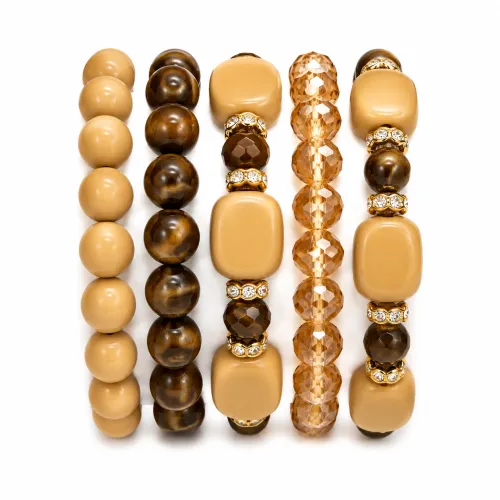 Imagem de Kit de 5 Pulseiras de Pedras Marrom e Bege