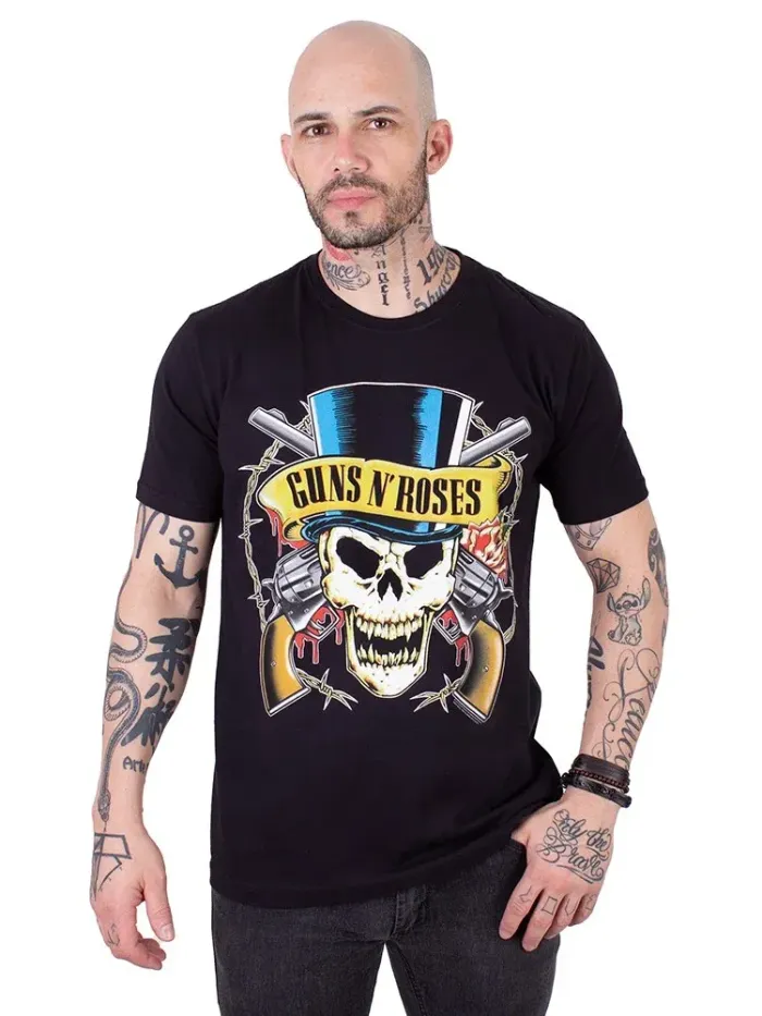 Imagem de Camiseta Masculina 100% Algodão Guns N' Roses Top Hat Preta Oficial